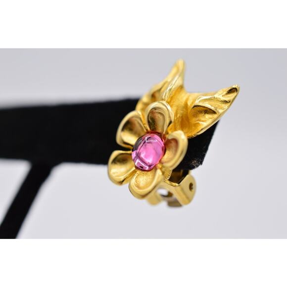 Givenchy Vintage Cabochon Flower Clip On Earrings Pink Brushed Gold Signed BinX - Picture 10 of 12